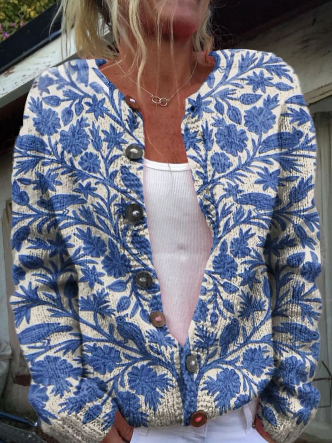 Charming floral pattern on the button cardigan sweater