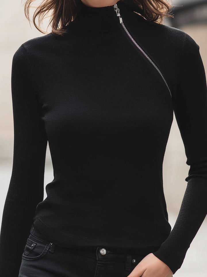 Black Asymmetric Zip High-Neck Knit Top